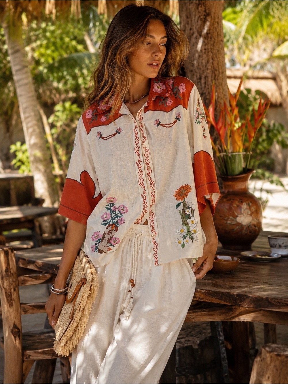 Agua Bendita Cream and Rust Floral Embroidered Button-Down Shirt